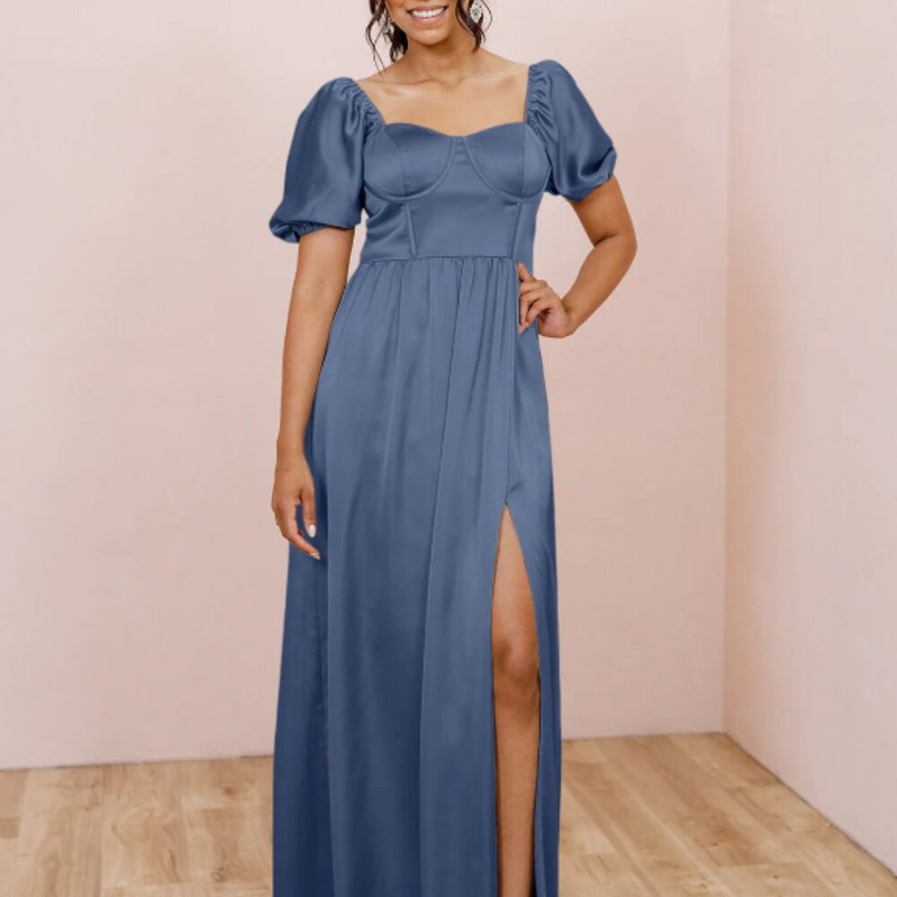 Isabella Satin Dress Revelry Bridesmaid Romantic Blue Maxi Puff Sleeve Corset